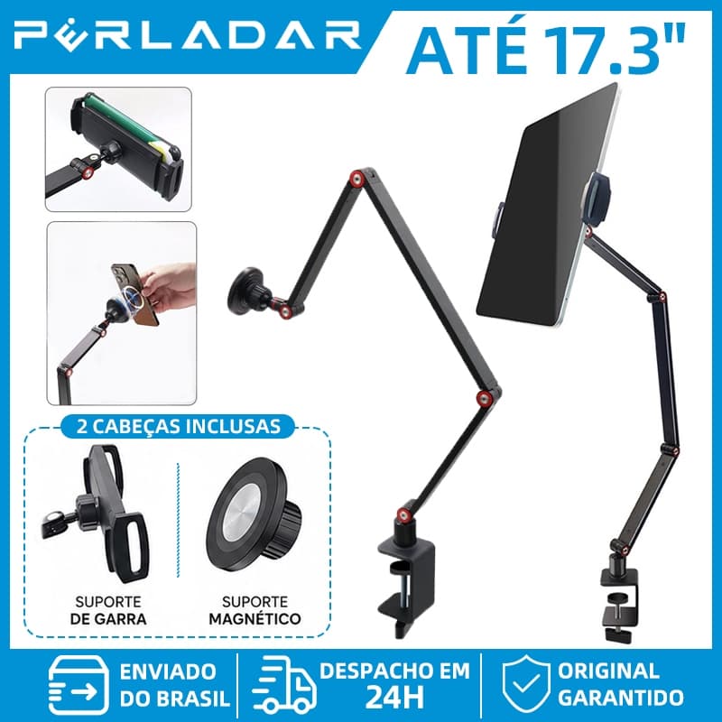 Braço Articulado Suporte Mesa com Presilha + Suporte Magnético para Celular Tablet Monitor Portátil Até 17,3 Polegadas