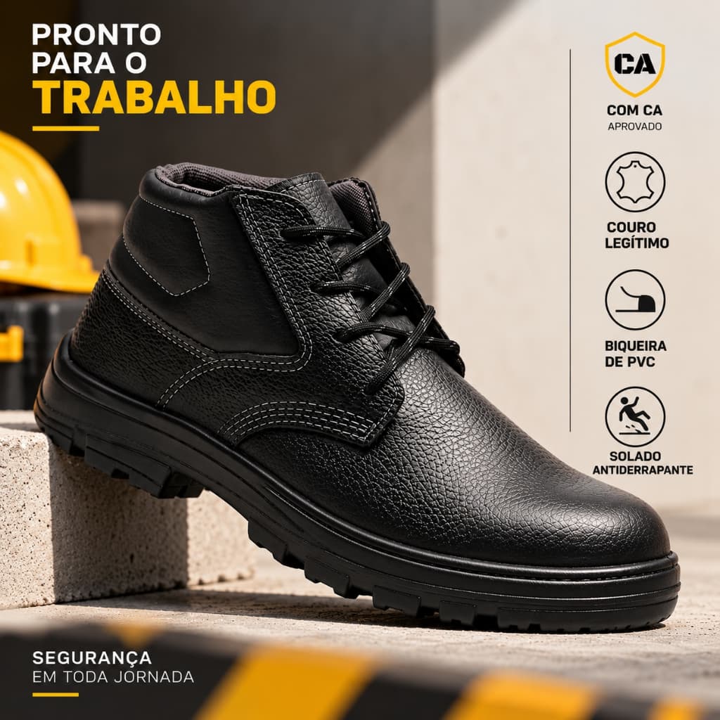 Bota Segurança Masculina EPI Com CA Couro Cadarço Bico PVC Antiderrapante Trabalho Obra