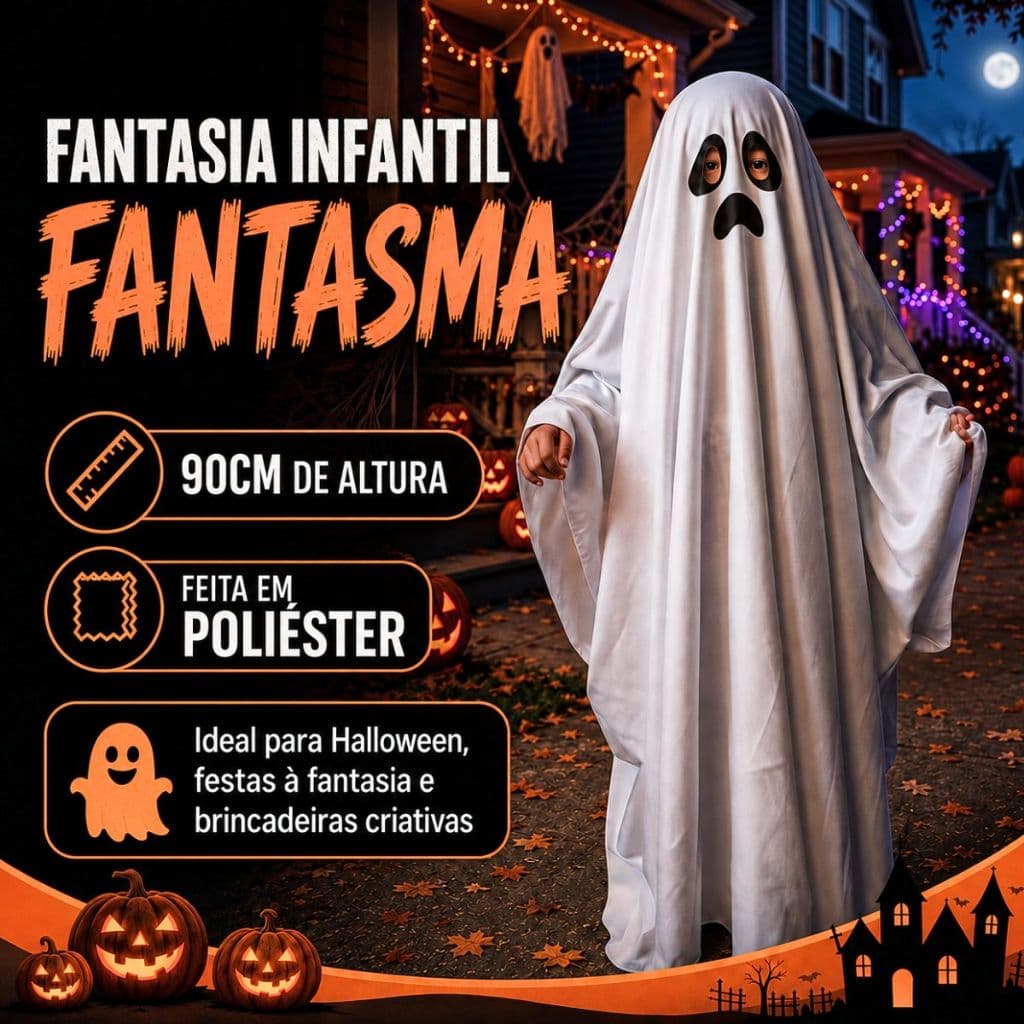 Fantasia Infantil Roupa Fantasma 90cm Com Cesto De Doces Halloween Dia Das Bruxas