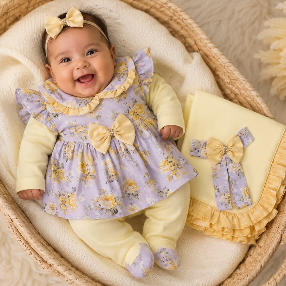 Saída De Maternidade Bebê Belinha Floral Glamour 05 Peças Amarelo