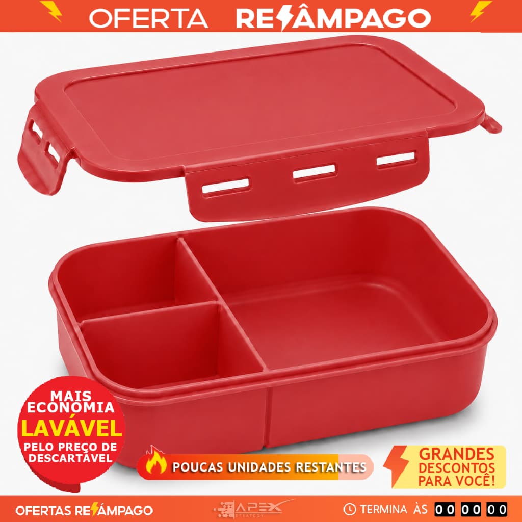 Marmita Hermética Vermelha 1250ml 3 Divisórias BPA Free Reutilizavel Freezer Microondas Lava Louças
