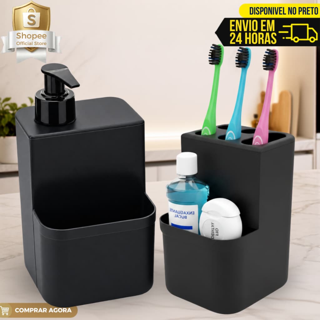 Dispenser de Detergente e Porta Escova Kit Organizador para Pia