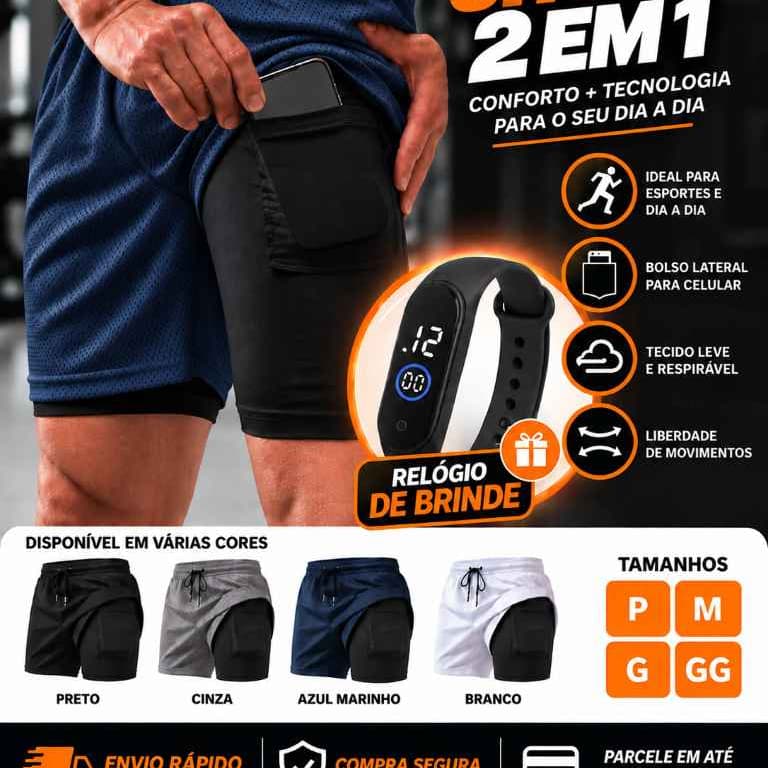 Short Masculino Short 2 em 1 Proteção Uv Bermuda Esportiva Masculina + Brinde Relógio Bermuda Fitness Short Com Bolso