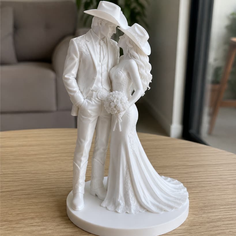 Topo de Bolo Casamento Noivinhos 3D Casal Noivos Bodas | 10-15-20cm | Branco ou Perolado | Country Sertanejo Cowboy