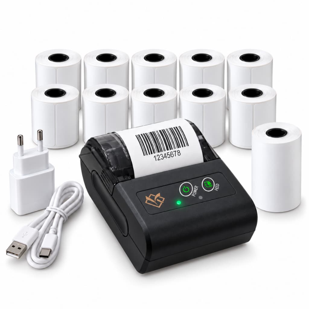 Mini Impressora Térmica Portátil Preta 58mm Bluetooth USB-C Celular PC + Kit 10 Rolos Adesivos 50x30 e Rolo Contínuo 10m