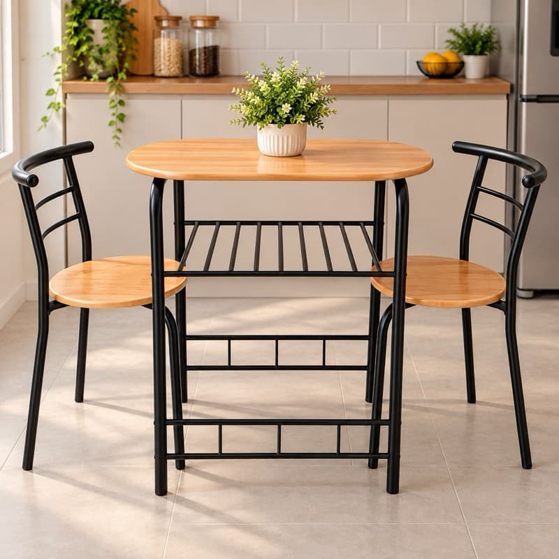 Conjunto Mesa com t2 Cadeiras para Cozinha Mesa Compacta Oval 2 Lugares com Prateleira Estrutura Metal Mesa Pequena