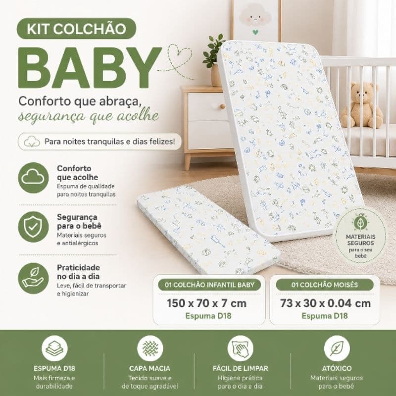 Kit Colchão Baby Infantil + Colchão Moisés Espuma D18 150x70 + 73x30 cm