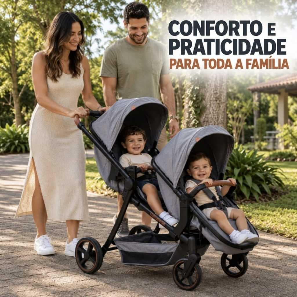 Carrinho de Bebê para Gêmeos Galzerano Nix Duo Grafite Dobrável 2 Lugares