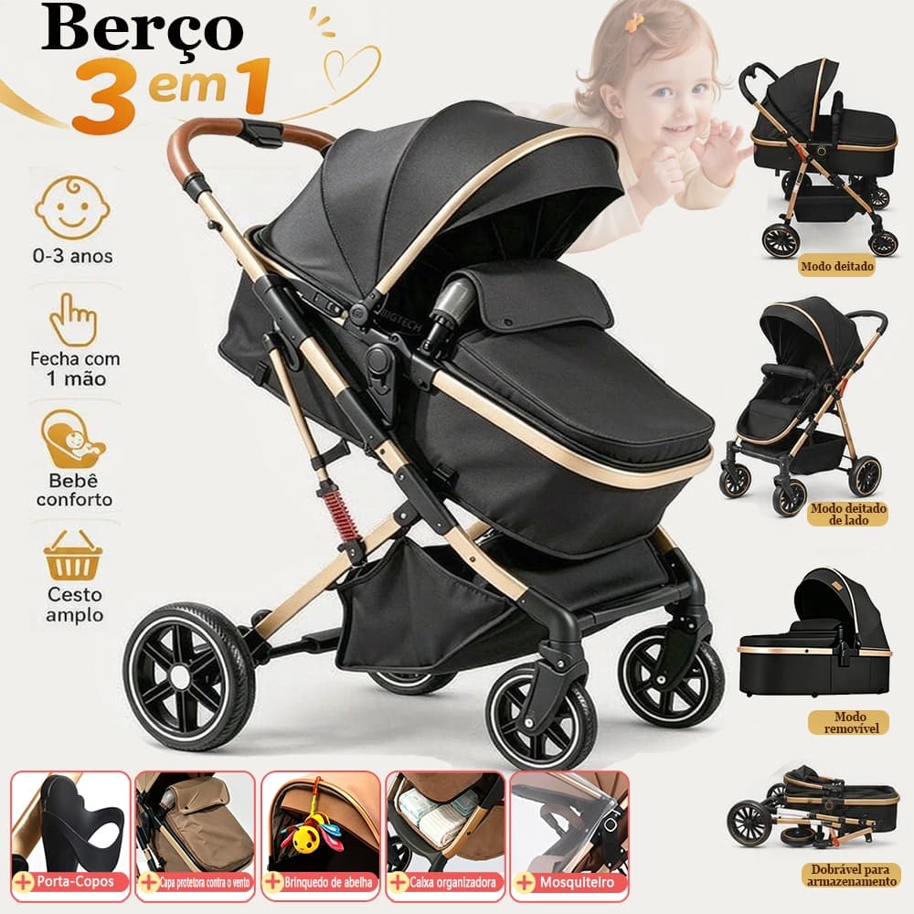 Carrinho de Bebê 3 em 1 Reversível Dobrável com Moisés Bebê Conforto Base Veicular Amortecedor
