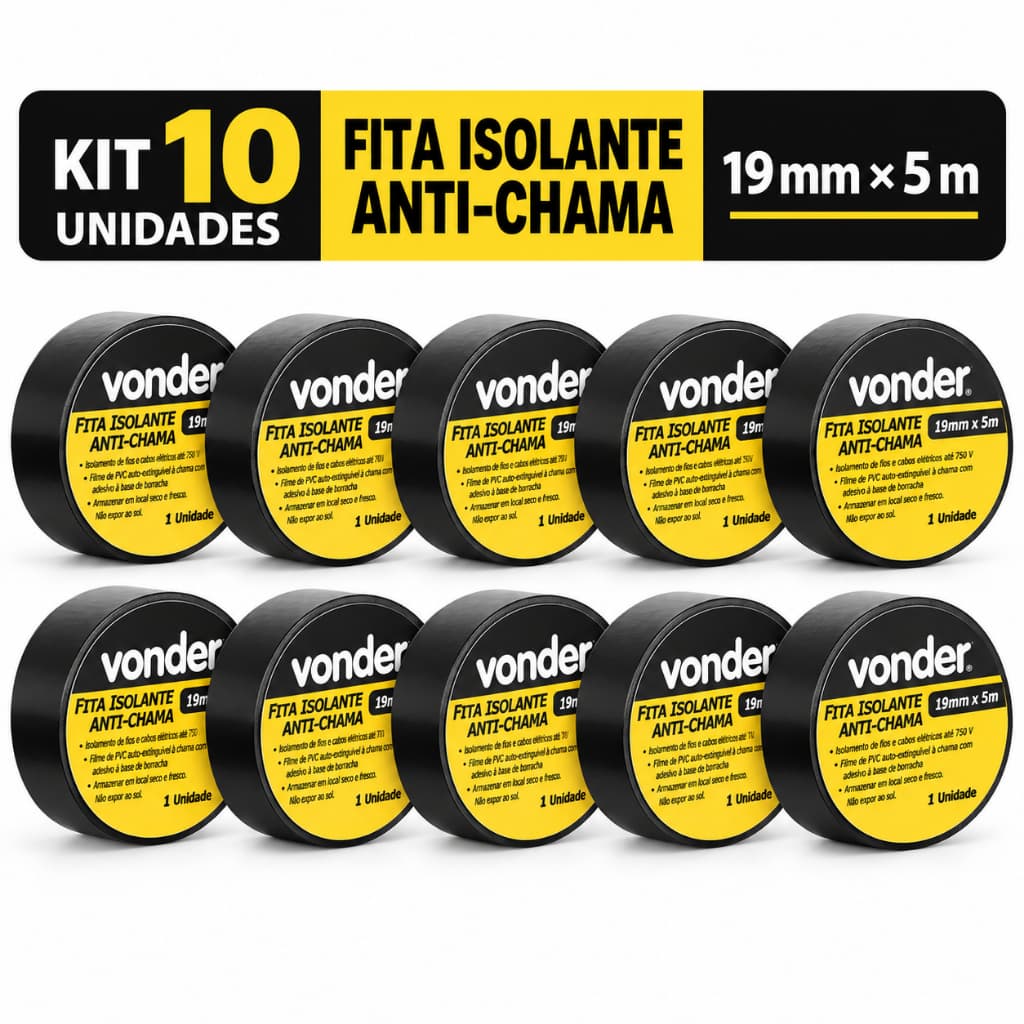 Fita Isolante Preta Slim 19x5m Kit Com 10 Unidades Rolo Pequeno Para Manutencao Eletrica