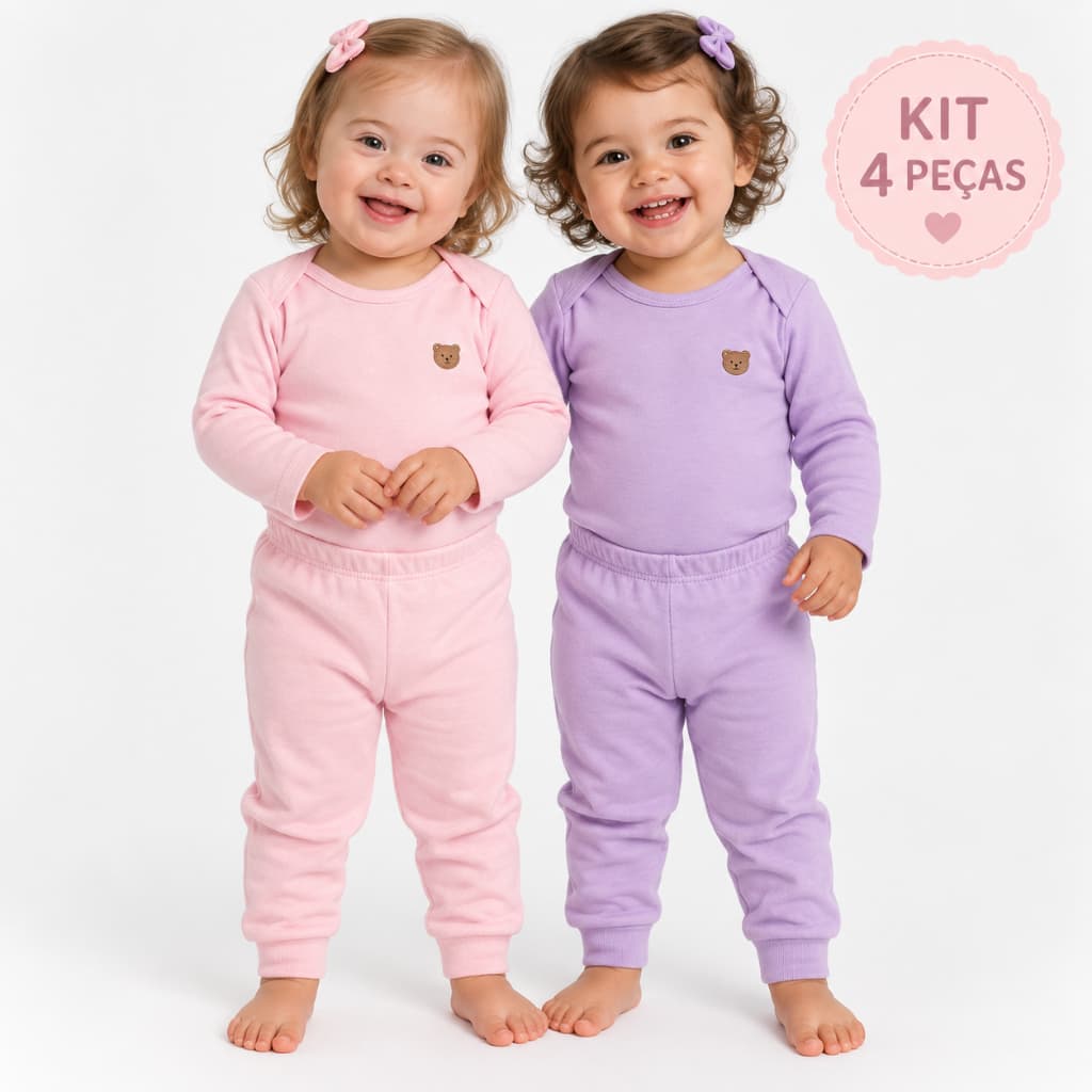 Kit 2 Conjuntos Bebê Menina Bory Manga Longa + Calça Mijão Enxoval 100% Algodão RN ao GG