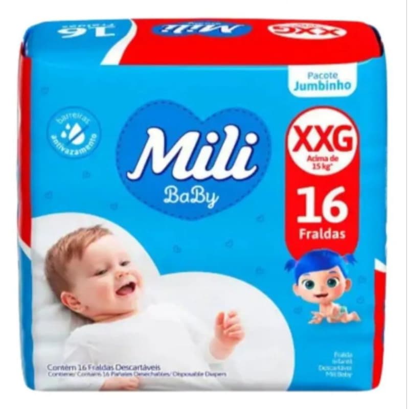 Fralda Infantil Mili Baby Jumbinho Tamanho XXG Acima de 15kg Com 16 Unidades​