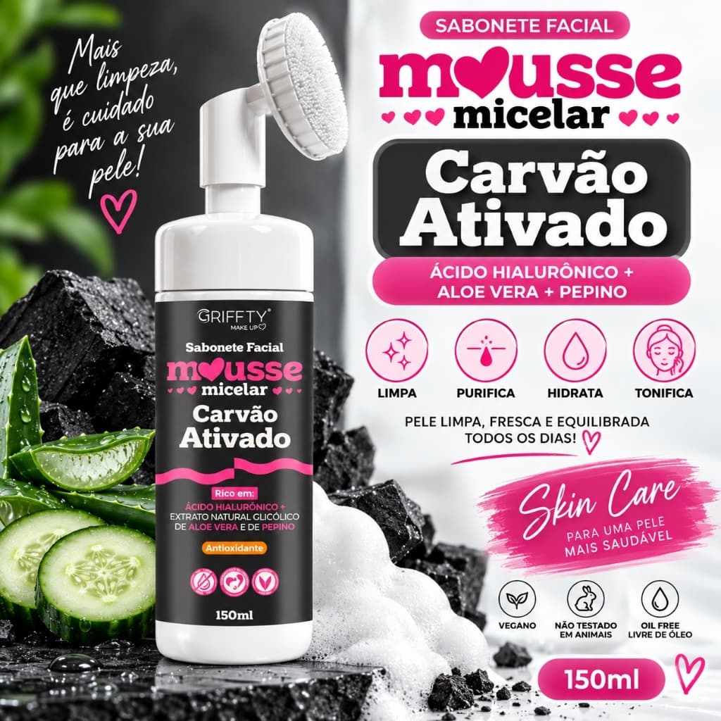 Sabonete Facial Mousse Micelar Carvão Ativado Ácido Hialurônico 150ml Limpeza Facial Com Escova Skincare Griffty