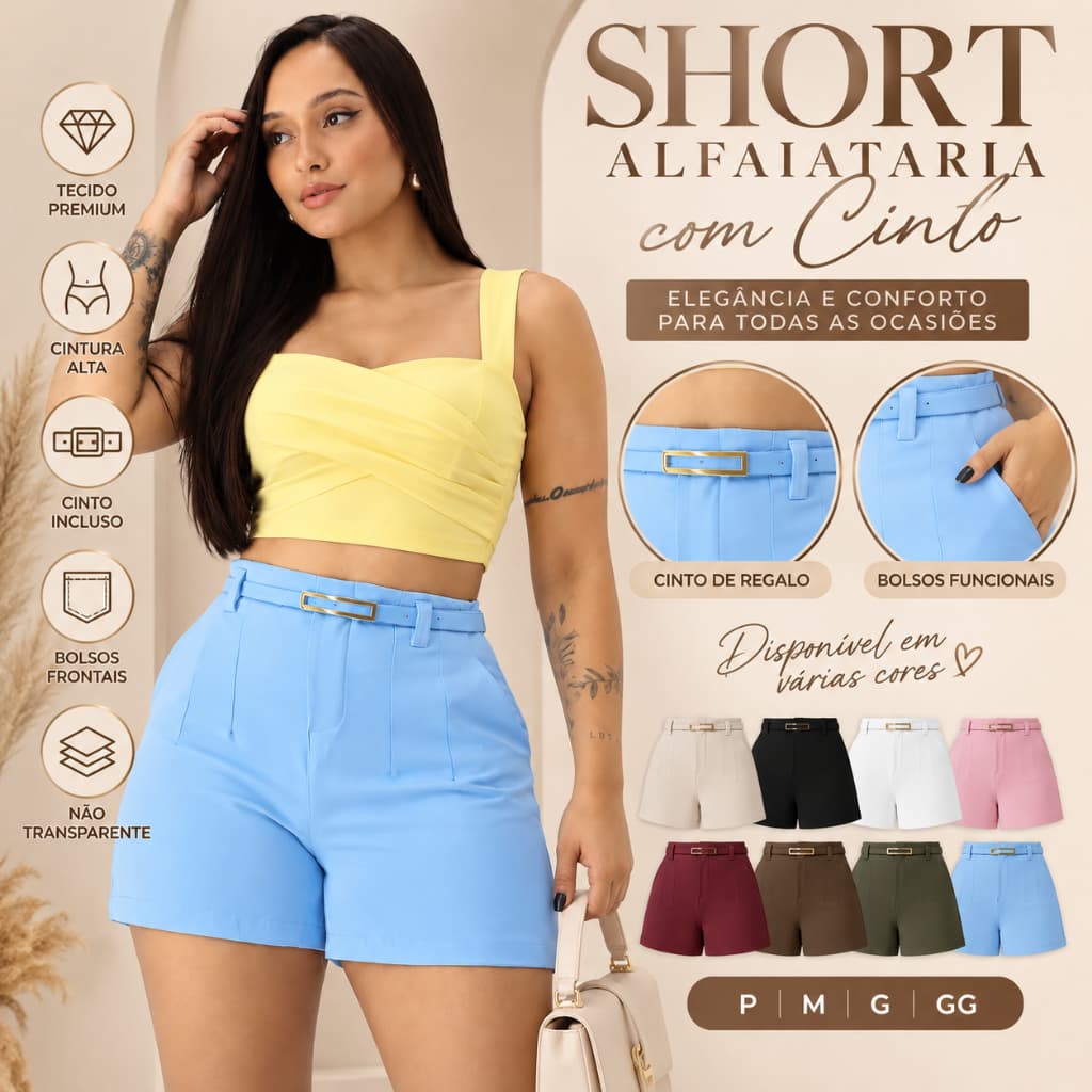 Short Feminino Alfaiataria Social Cintura Alta Costura Reforçada