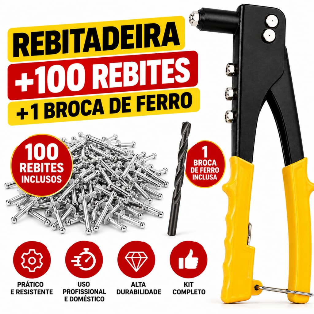 REBITADEIRA MANUAL REBITADOR DE ALICATE 4 BICOS REBITE ALICATE DE REPUXO ALUMÍNIO KIT 100 REBITES UNIVERSAL PROFISSION