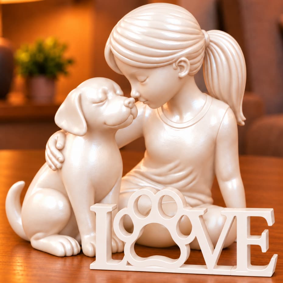 Kit Escultura Pet Decorativa Menina e Cachorro com Plaquinha Love Estátua Cão Minimalista Sala Quarto Presente Bichinho