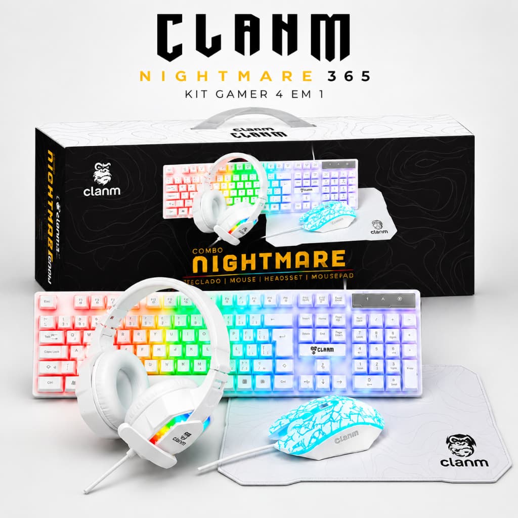 Kit Combo Gamer Clanm Snow 4x1, Teclado ABNT2, Mouse, Headset, Mousepad