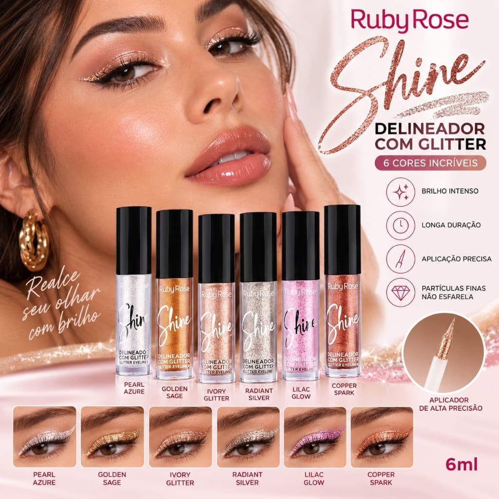 Delineador Com Glitter Shine Golden Sage Ruby Rose 6 Cores Pode Ser Usado Como Sombra