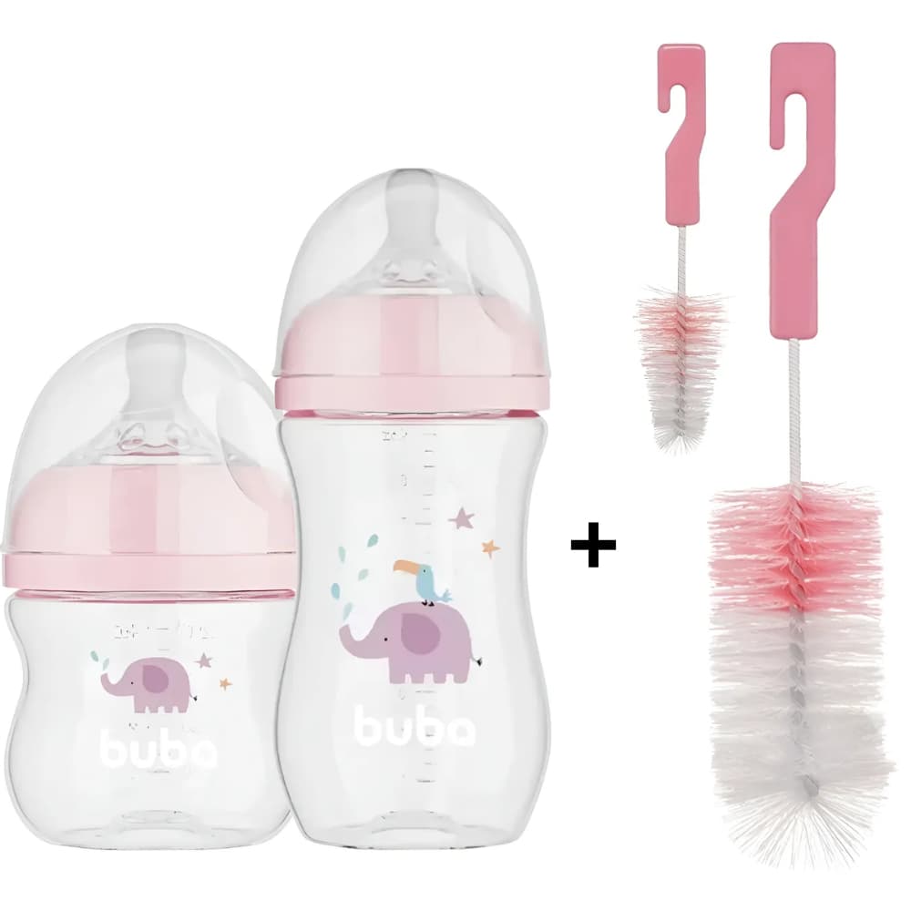 KIT ESCOVAS P/ MAMADEIRA + 2 MAMADEIRAS ELEFANTE ROSA 120ML E 270ML - BUBA
