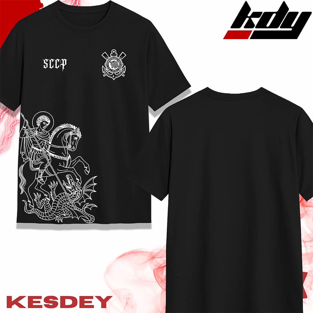 Camiseta Masculina Preta Estampa São Jorge Estilo Street