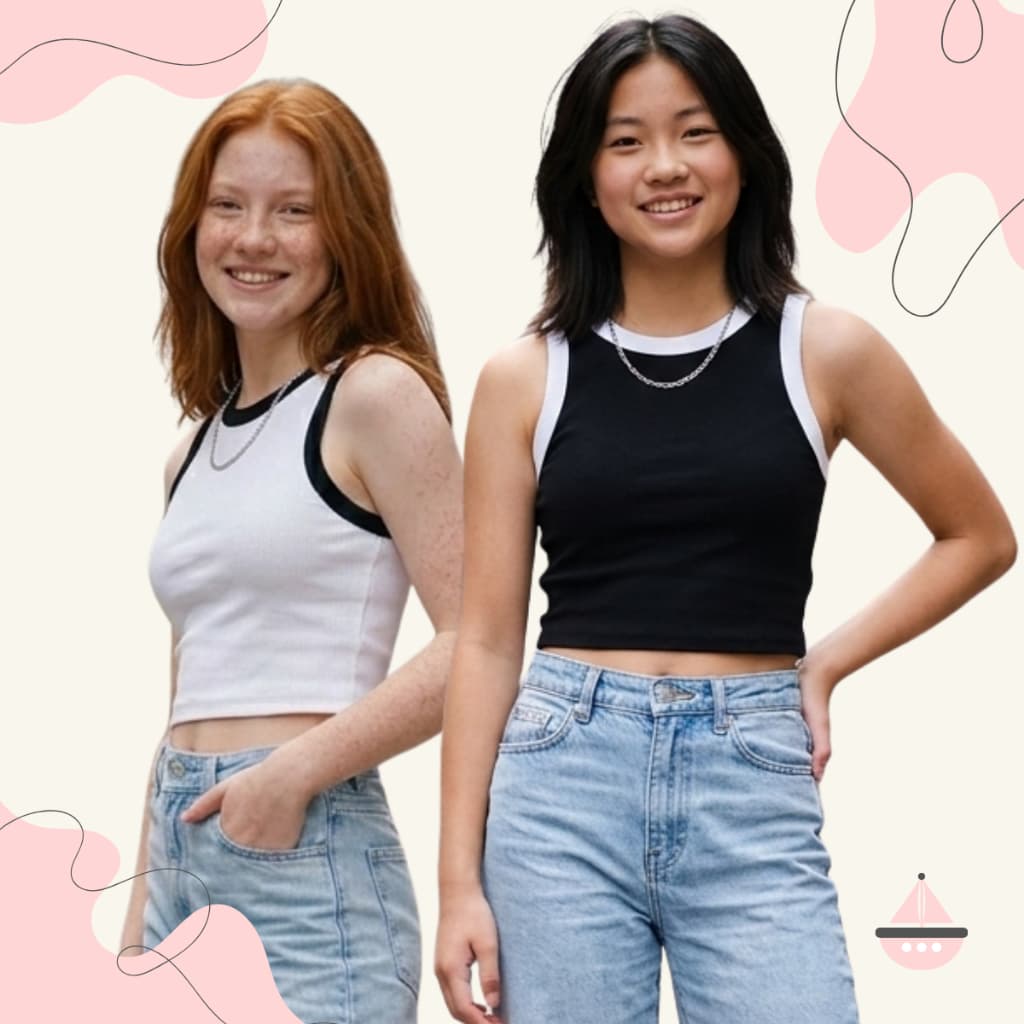 Kit 2 Cropped Juvenil Bicolor Feminino Moda Blogueira Verão Algodão Top Regata Básico Liso Clássico