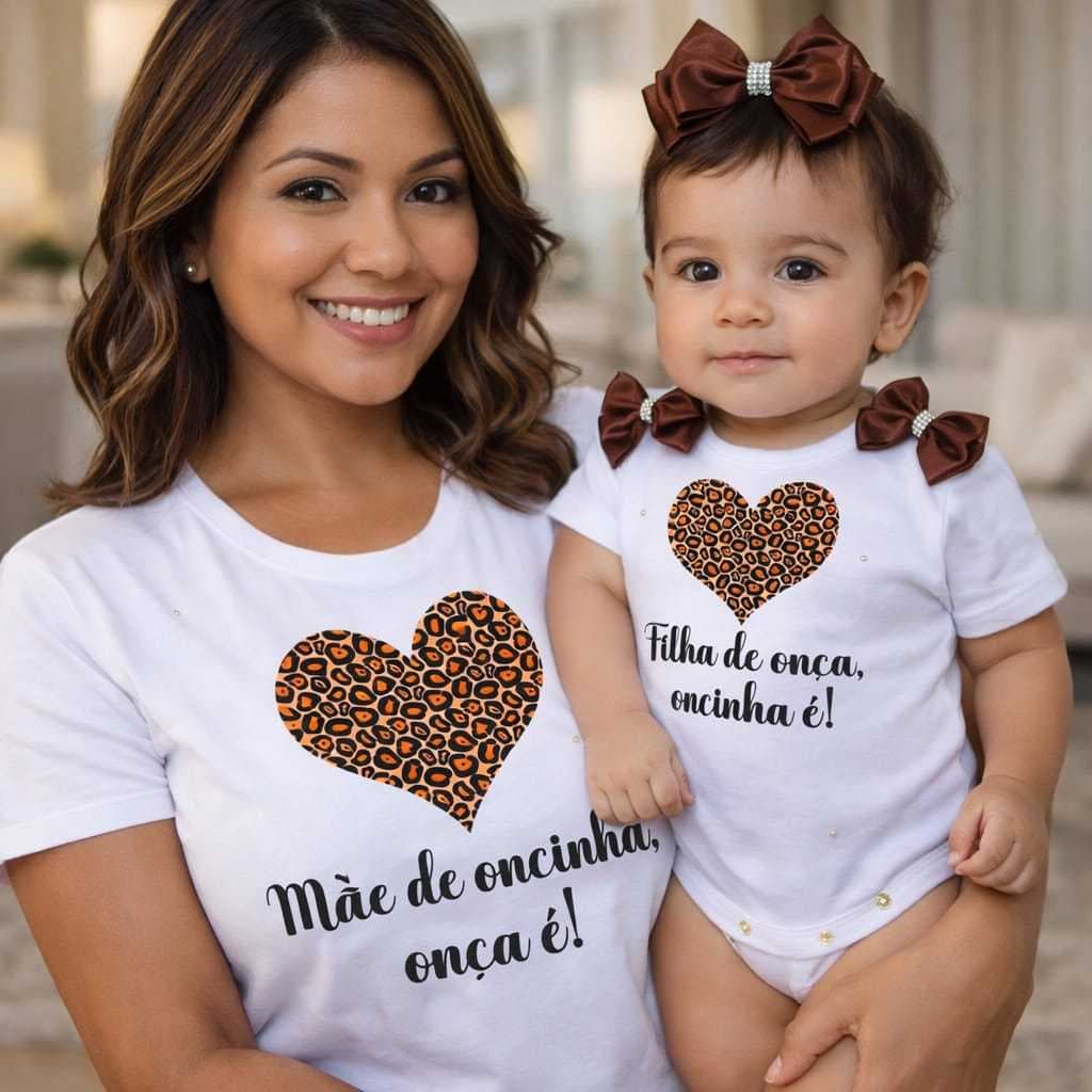 Kit Camiseta e Body Bebê Meu Primeiro Dia Das Mães Camisa Tal Mãe Tal Filha Mamãe Oncinha Baby Look Personalizado Menina
