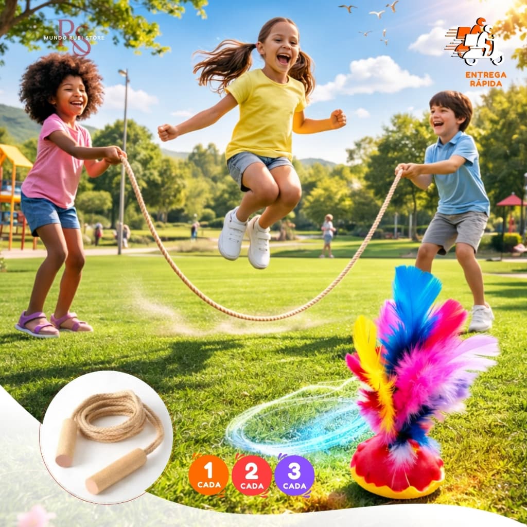 Pula Corda Coletivo 5m e Peteca Pro Brinquedos Sisal Reforçado Festa Junina Arraiá Envio Imediato