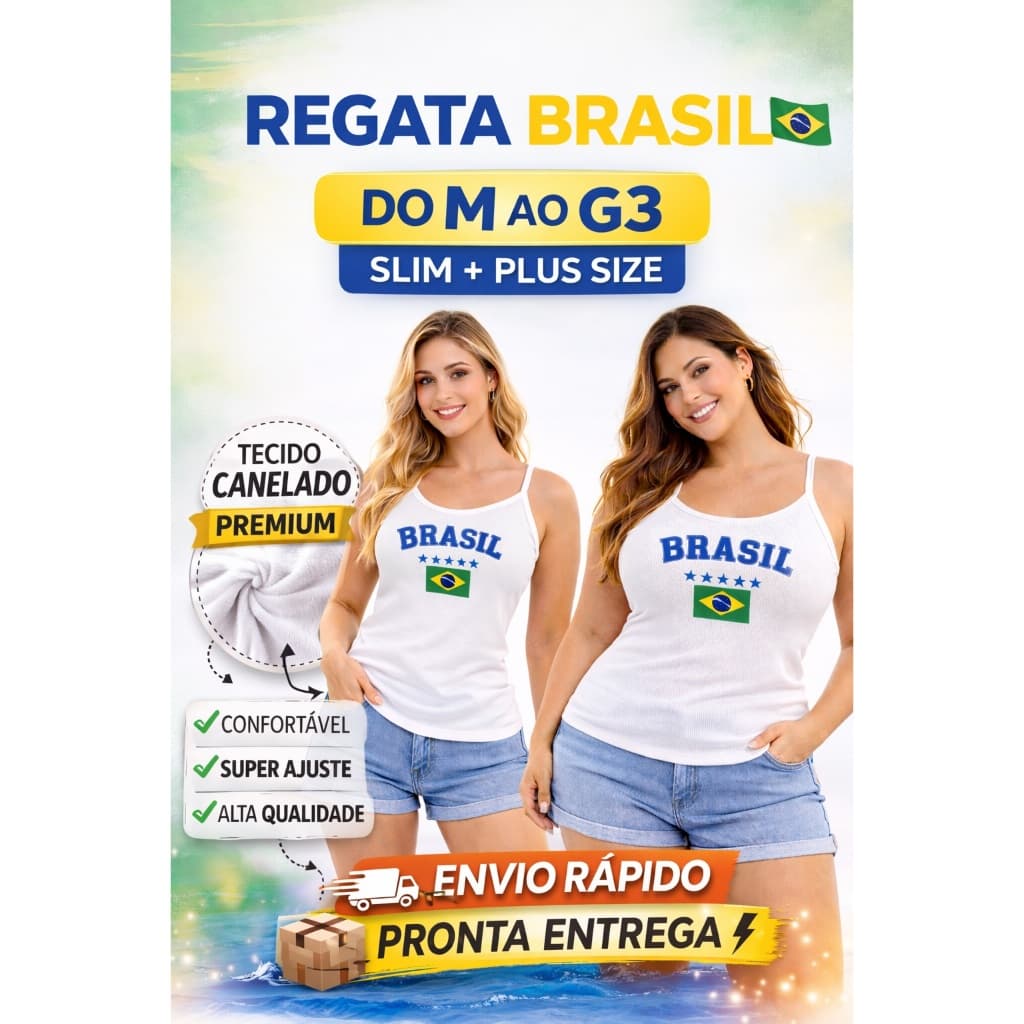 Regata Feminina Alcinha Estampa Brasil Canelado Premium ajustada ao corpo do Slim ao Plus