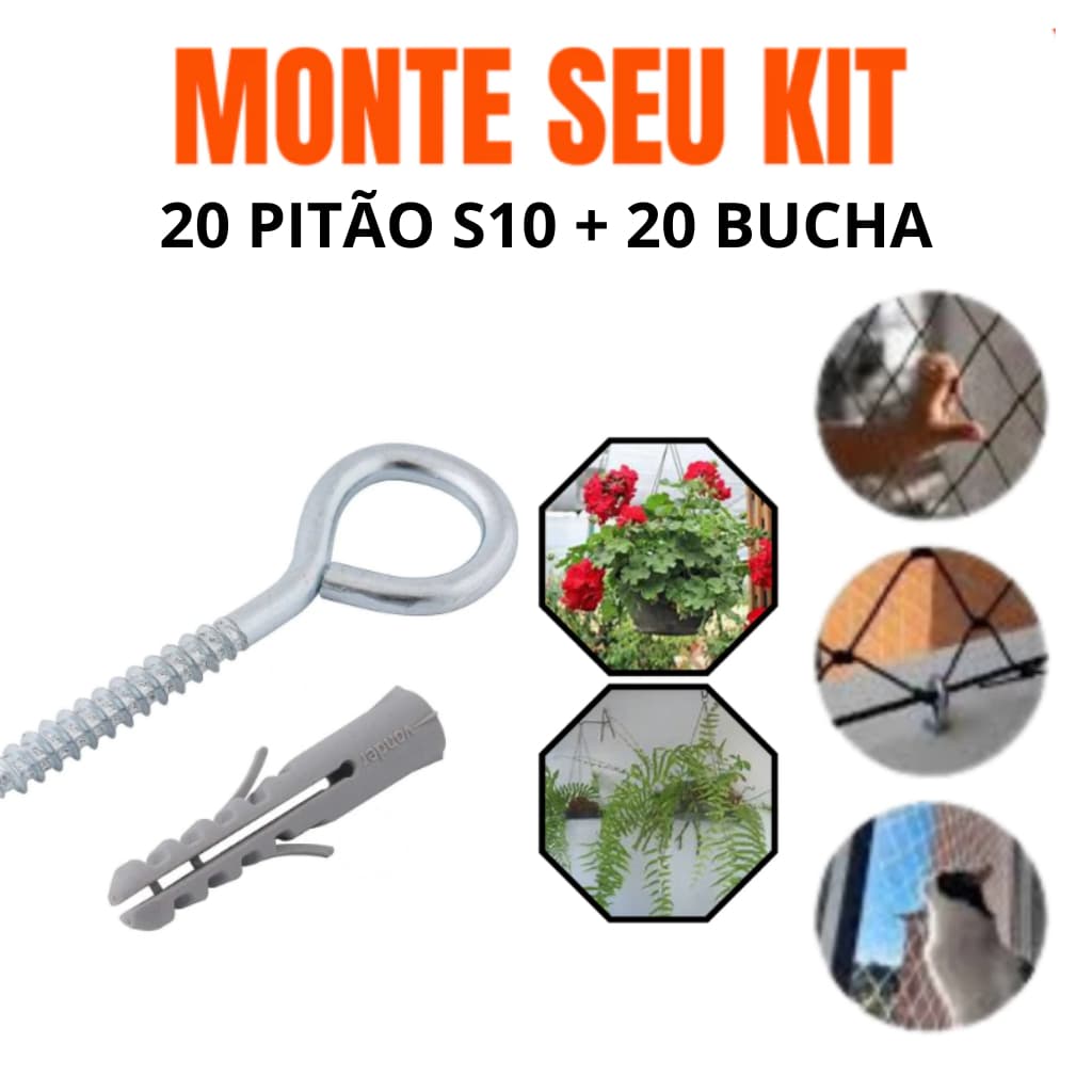 Kit Pitão e Bucha S10 Kit 20 Gancho Fechado Kit Pitao Zincado com 20 Bucha Fixação