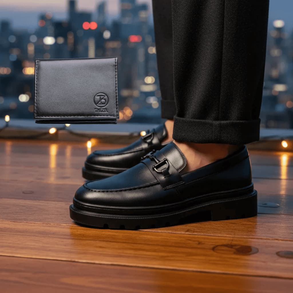 Santorini Class Elegância Masculina com Acabamento Blaqueado e Sola Alta + Carteira