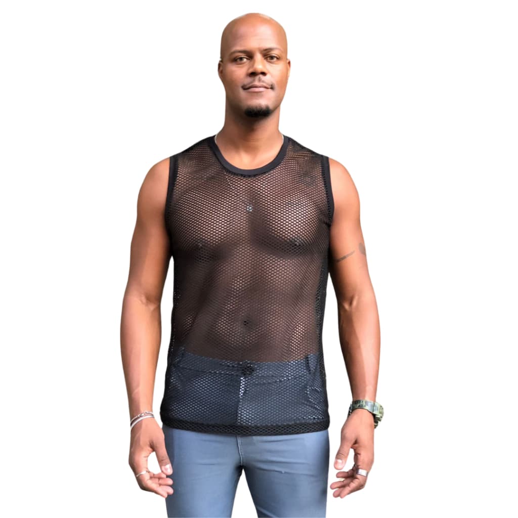 Regata Masculina Arrastão Preta Transparente Estilo Fashion Verão Academia Festa