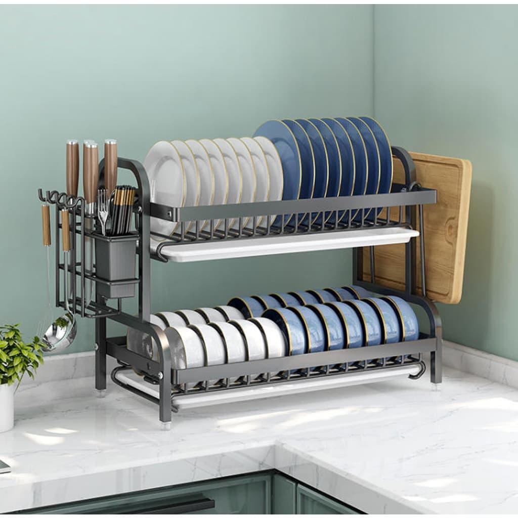 Escorredor De Louças 2 Andar Aço Inoxidável Organizador Moderno Com Porta Talher e Bandeja