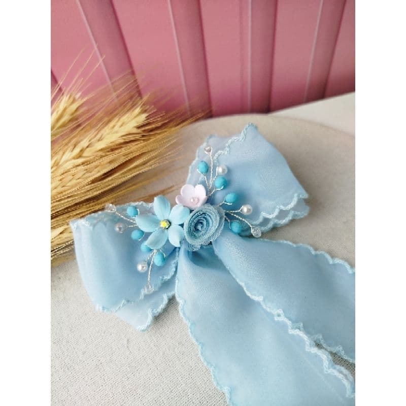 Laço de Cabelo Infantil Azul Luxo com Flores e Pérolas – Laço Princesa