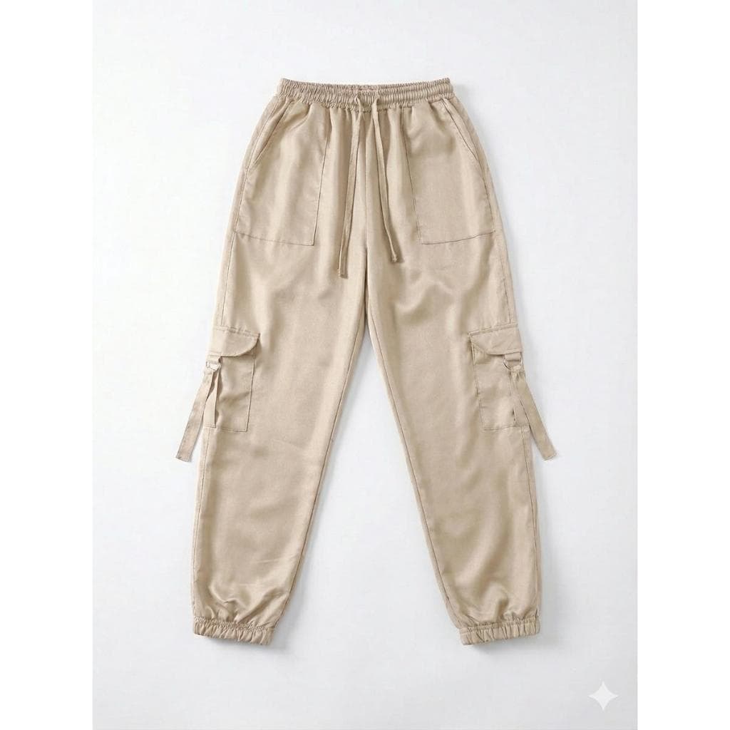 Calça Parachute Jogger Bege Feminina Bolso Cargo Estilo Gringa
