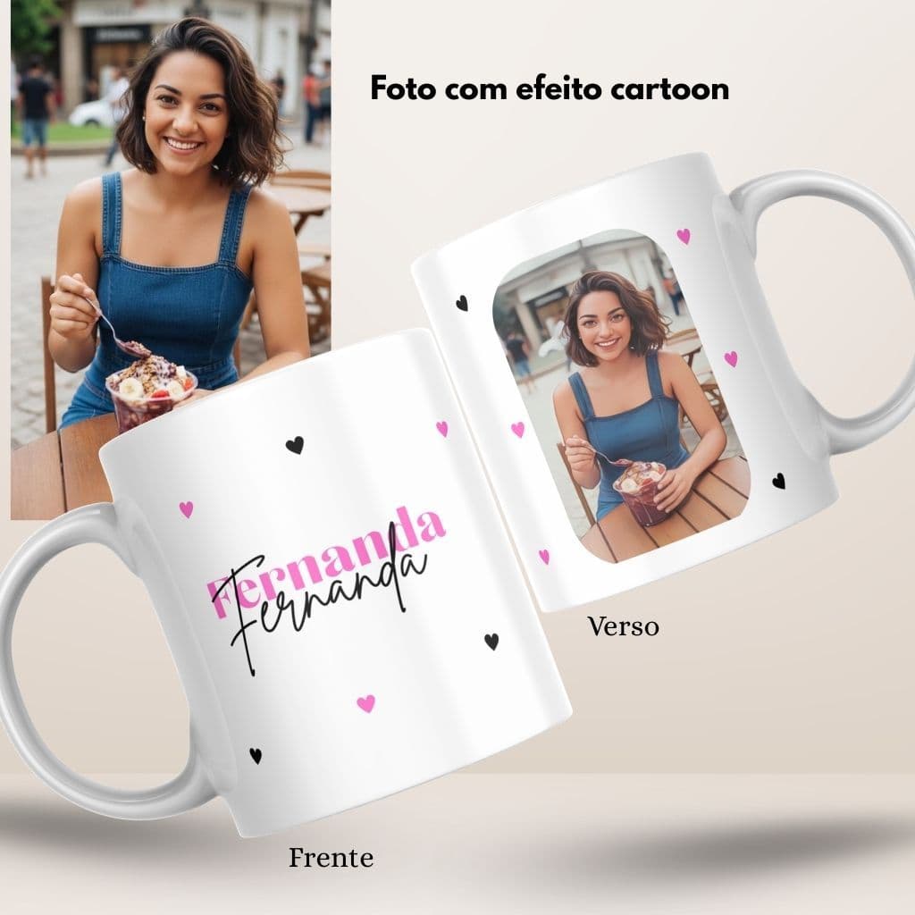 Kit Completo Caneca Foto Cartoon Personalizada +Chaveiro Fio de Malha Terracota +Caixa Visor Coração