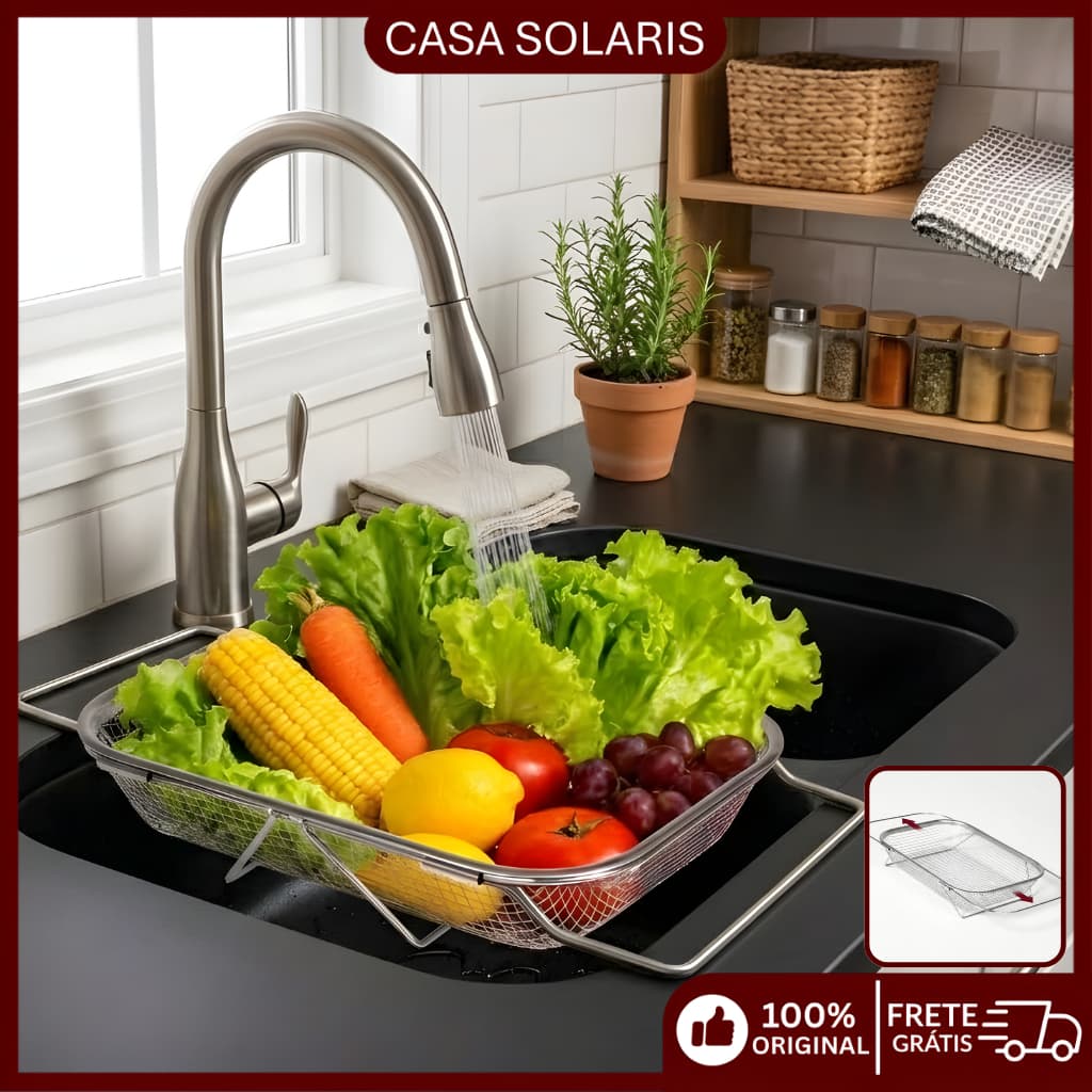 Escorredor De Pia Aco Inox Multiuso Retrátil - Escorredor De Alimentos Legumes Frutas Vegetais Alça