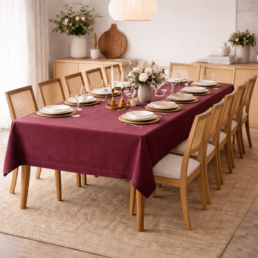 Toalha de Mesa 10 Lugares Linho Rústico Bordô 1,40x3,00