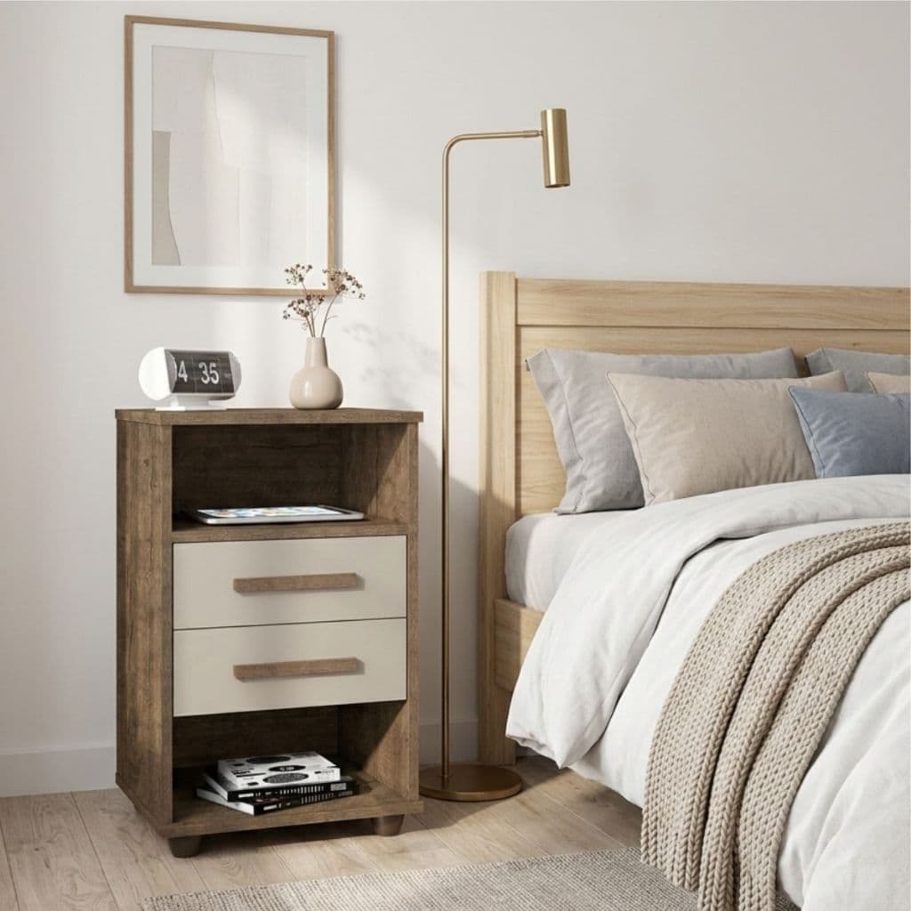 Mesa De Cabeceira Canela Off White 2 Gavetas Retrô Criado Mudo Luxo Pé Palito Anti-Umidade Quarto
