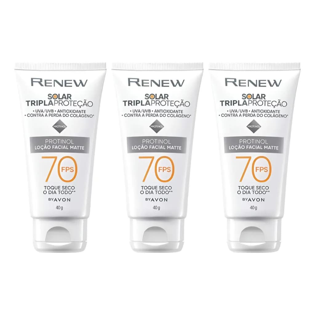 Renew Solar Tripla Proteção Fps70 Com Protinol 40g Kit 3 Un