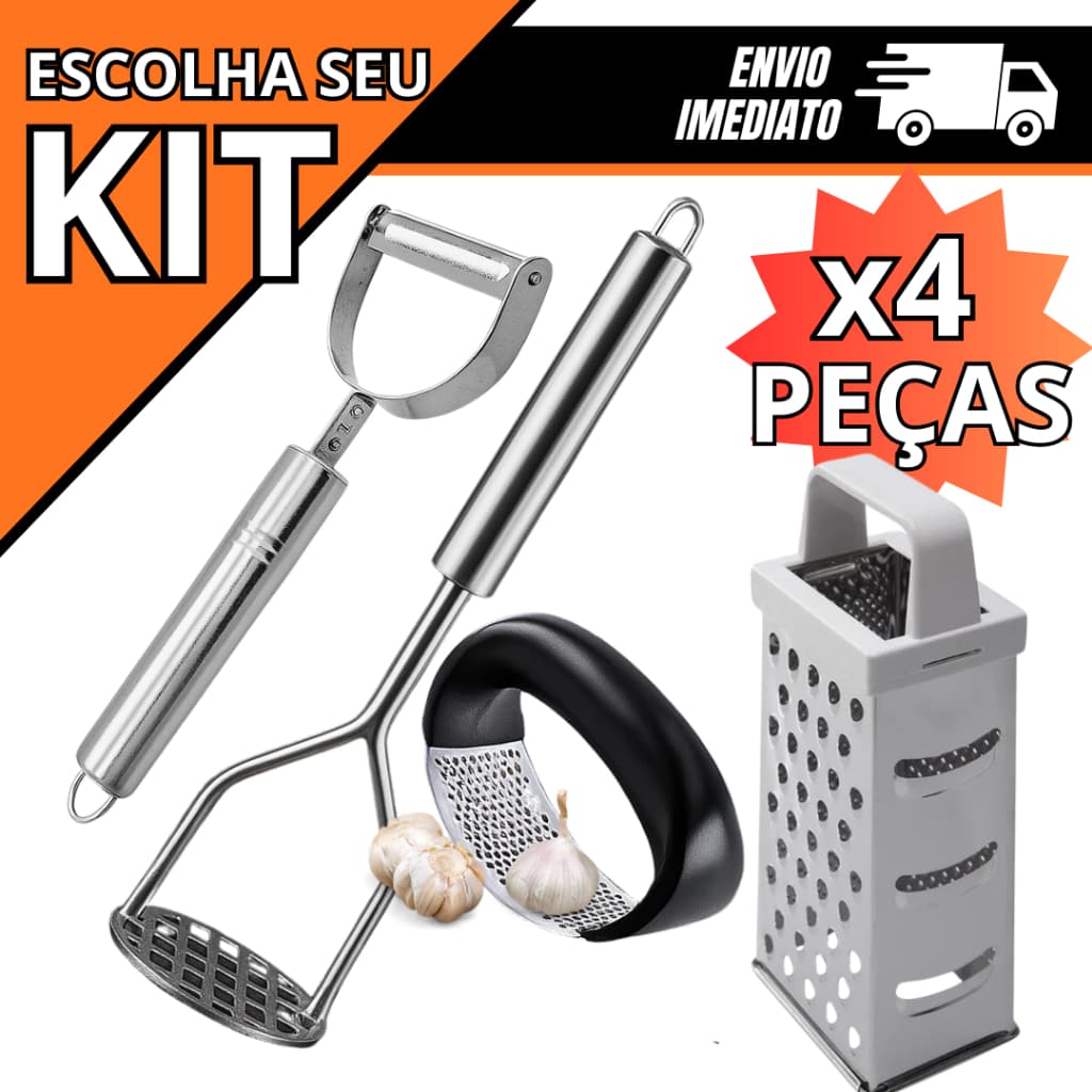 Kit 4 Utensílios Cozinha Descascador 3em1+ Amassador Batata + Alho + Ralador INOX