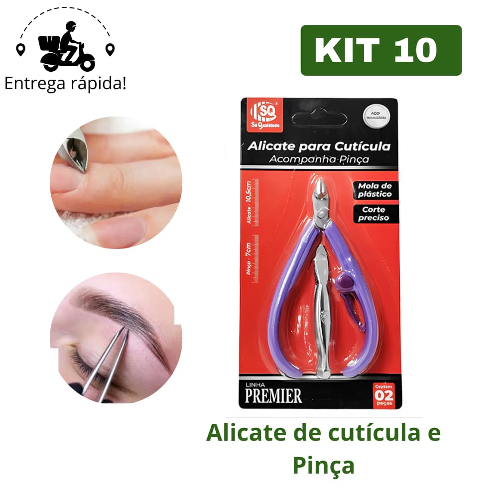 Kit 10 Alicate de Cutícula + Pinça Sobrancelha Profissional Kit Manicure Salão de Beleza