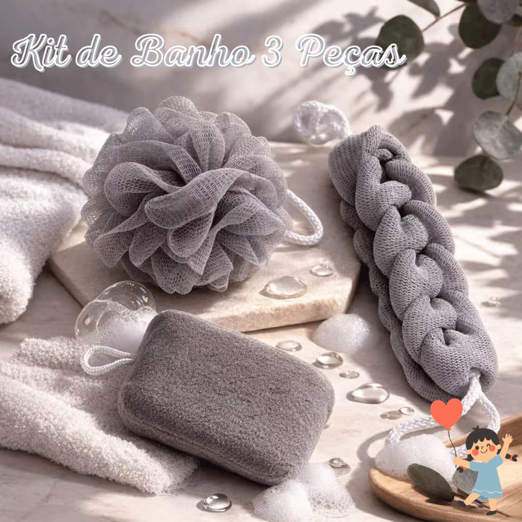 Kit de Banho 3 Peças Esponja + Esfoliante Trançado + Bolsa para Sabonete | Espuma Rica e Toque Suave