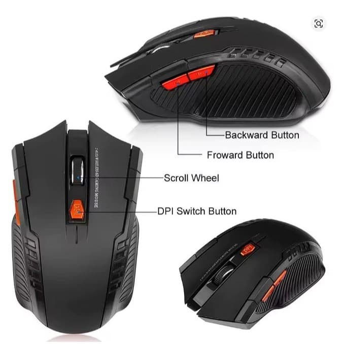 Mouse Gamer óptico sem fio com receptor USB, 6 botões, 2.4G, 1600DPI