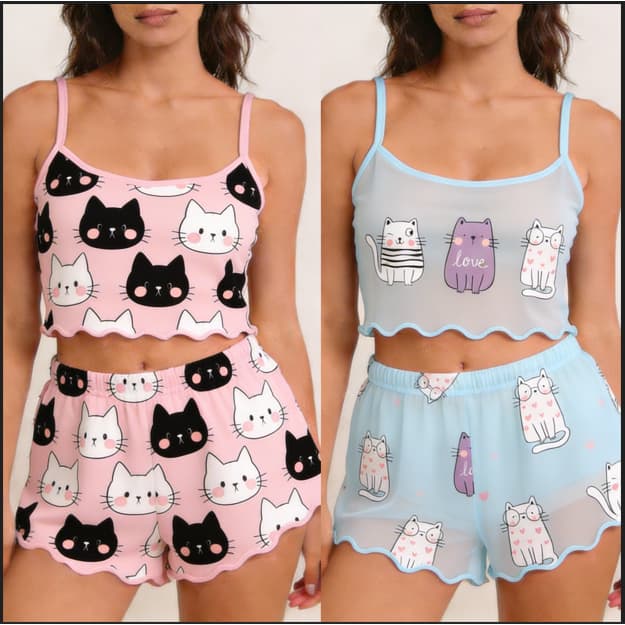 KIT 2 PIJAMA FEMININO ADULTO PERSONAGENS CROPEED CONFORTO SUEDE SHORT BABY DOLL TENDENCIA FOFO DIA