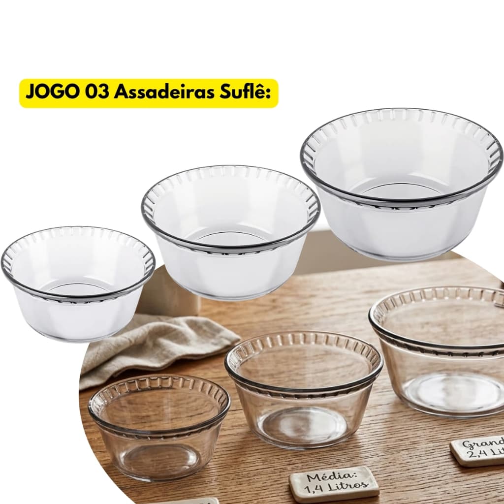 Jogo Kit 03 Assadeiras Vidro Marinex Redonda Suflê 0,7L + 1,4L + 2,4L Assados Servir Refratário