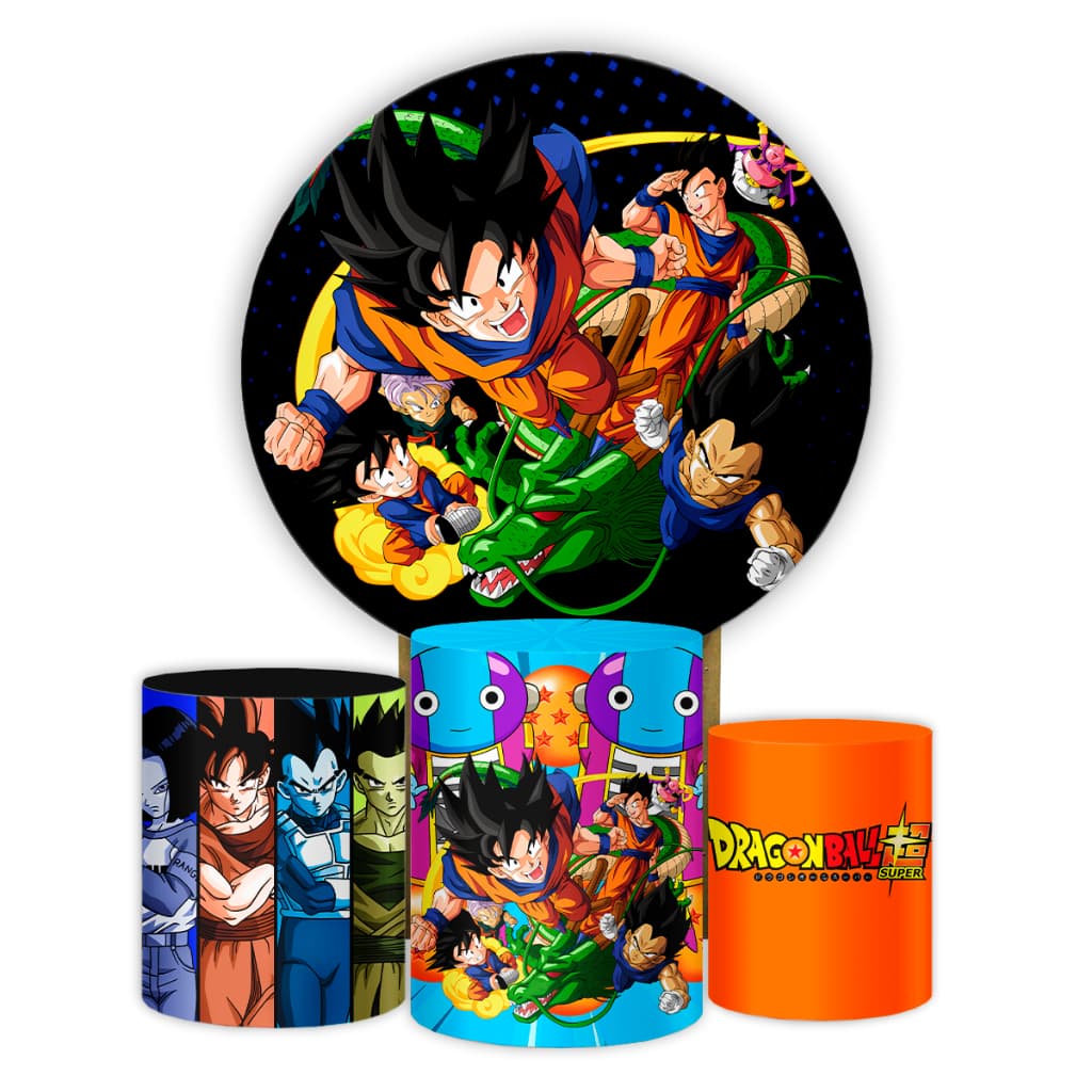 Decoração de Aniversário Dragon Ball Z Super Kit Capa Painel 1,50M + Capas Cilindros Veste Fácil