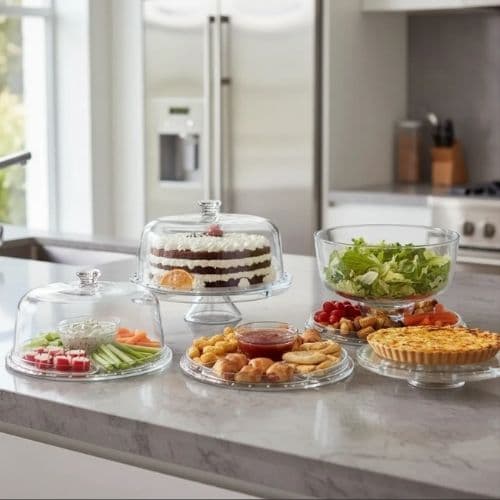 Boleira de Vidro Luxo 5 Em 1 Petisqueira Saladeira Torta Bolo Transparente Ideal para Eventos e Buffet