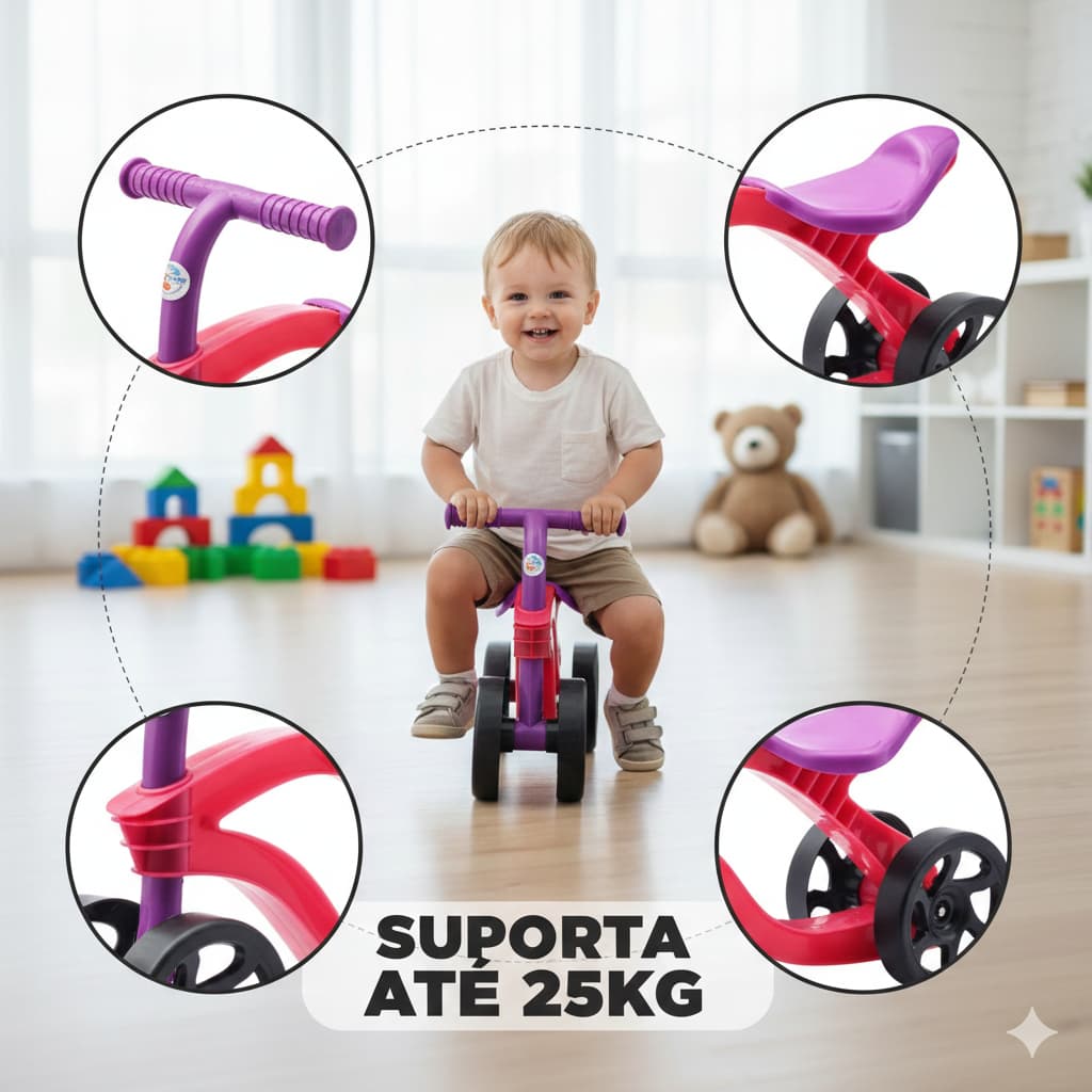 Bicicleta de Equilíbrio Infantil 4 Rodas Andador Bebê 1 a 3 Anos Sem Pedal Suporta até 25kg