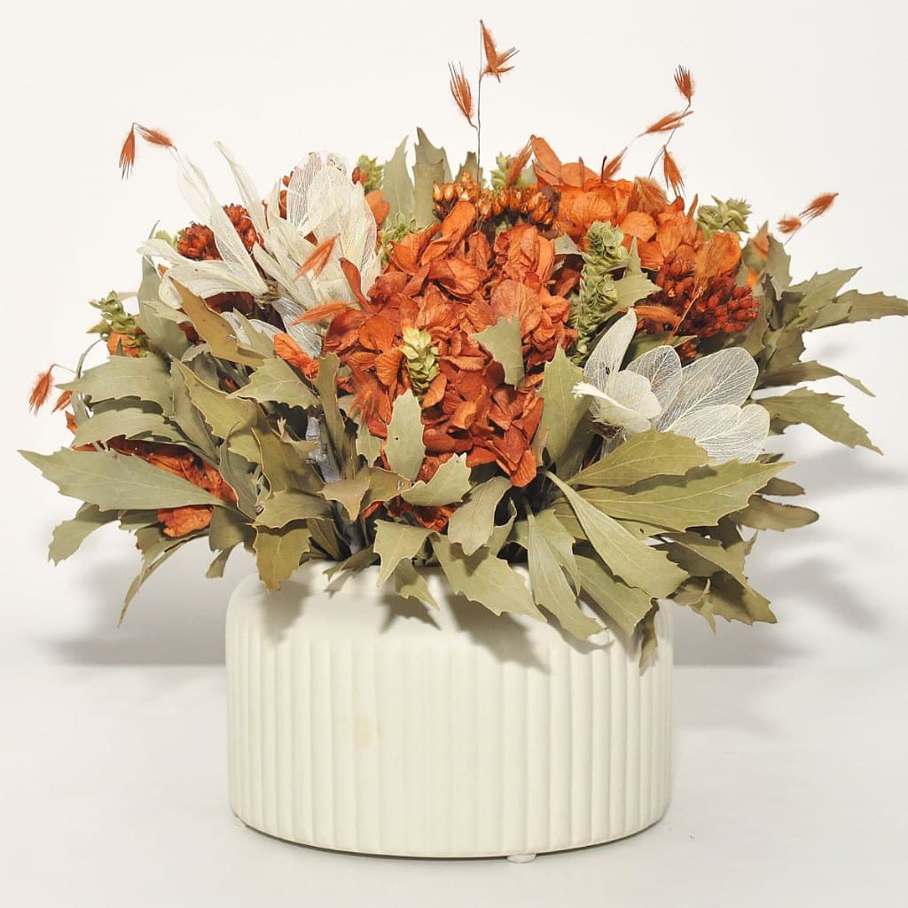 Arranjo De Flores Desidratadas Em Vaso Cerâmica Branco Fosco