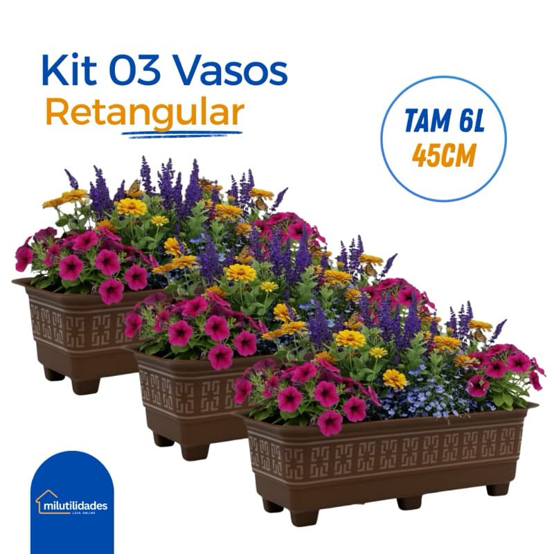 Kit 3 Floreiras Retangular 6L 45x19x13,5 - Vaso de Planta Preto Terracota Café Para Hortaliças e Plantas